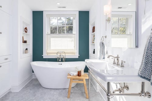 Transitional Primary Bathroom Remodel with Accent Wall
