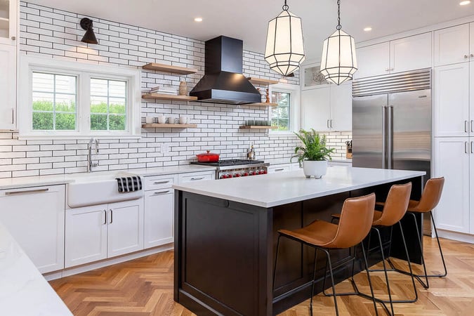 Main Line transitional kitchen remodel by Bellweather Design-Build with farmhouse tiles