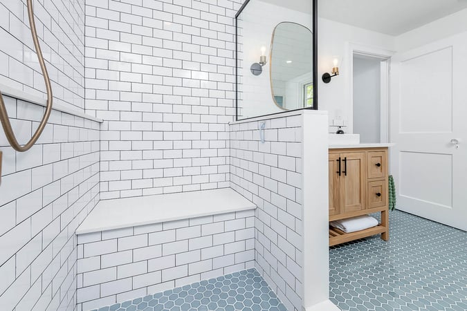 White Subway Tile Shower with Seat